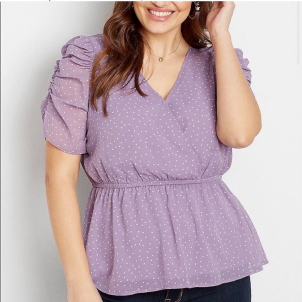 Maurices Purple V-Neck Peplum Polka Dot Ruched Sleeve Top Blouse Size 1X